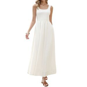 Women Summer Maxi Dress Square Neck Sleeveless Eyelet Beach Dress White